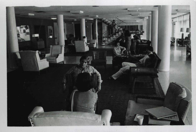 Students socializing at Thompson Hall